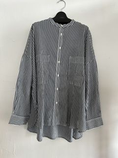 キャンブリックボイル ストライプ バンドカラーシャツ ブルー