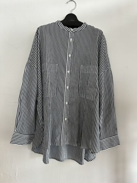 キャンブリックボイル ストライプ バンドカラーシャツ ブルー