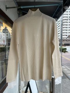 ラメ袖レイヤードリブタートルニット オフベージュ
