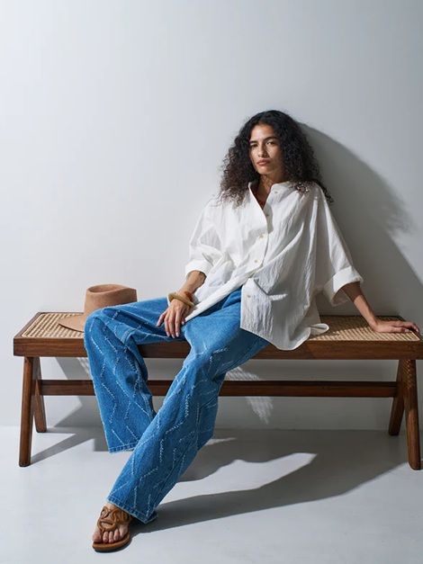 LASER CUT WIDE DENIM ブルー