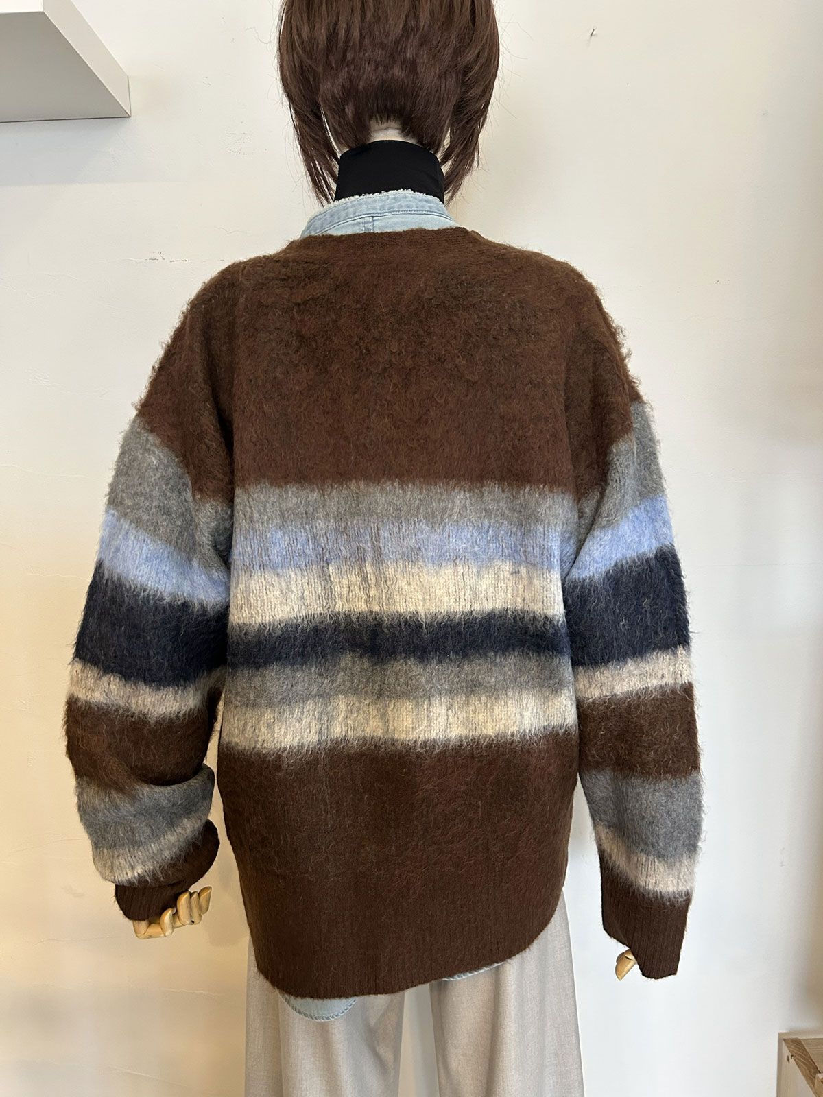 起毛シャギーニット ボーダーカーデ ブラウン