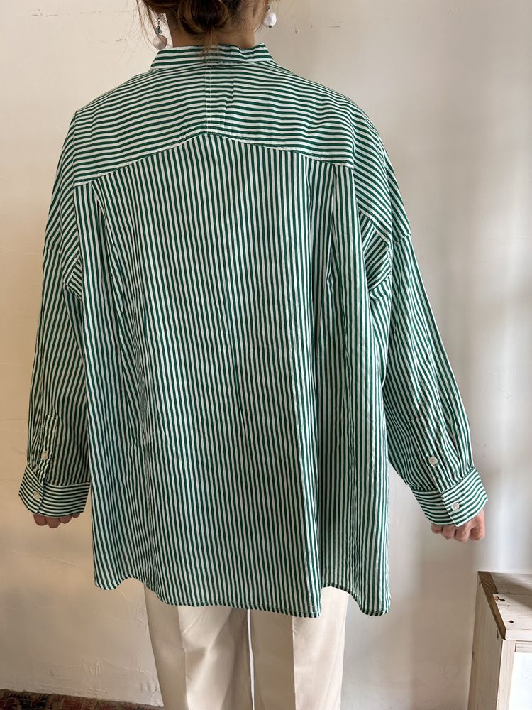 キャンブリックボイル ストライプ バンドカラーシャツ グリーン