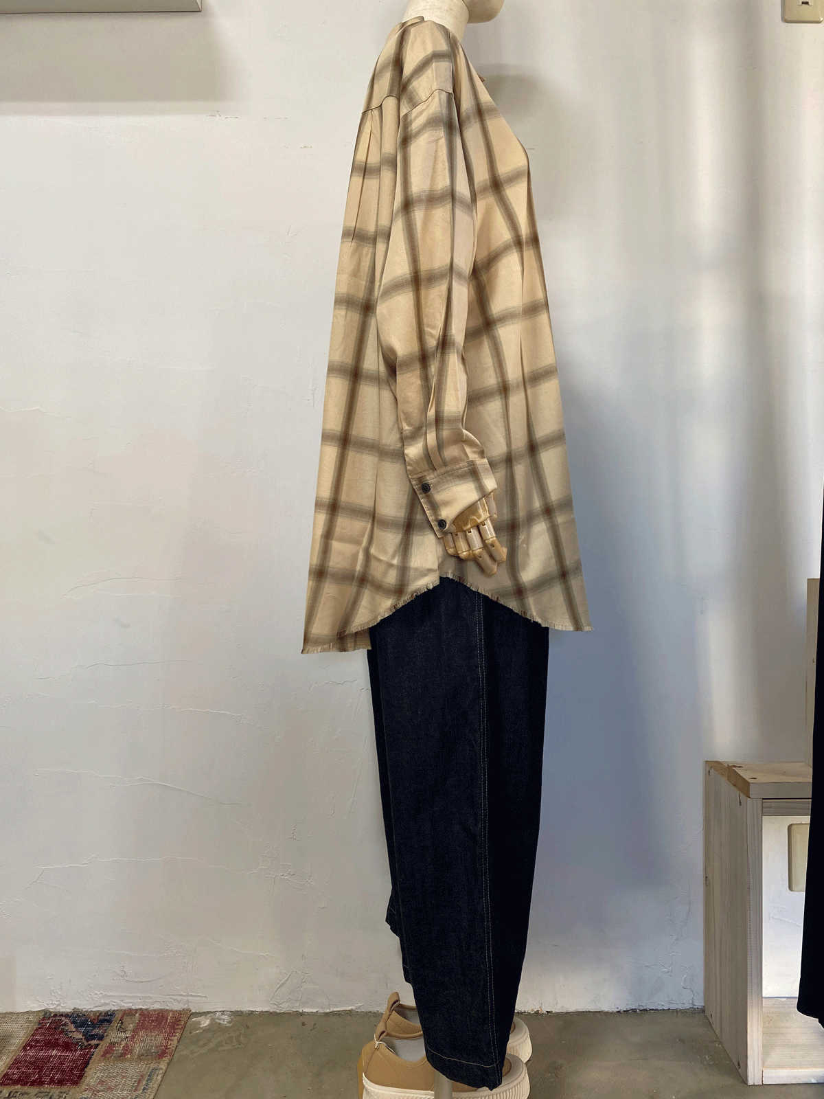 先染め チェックオーバーシャツ  ベージュ