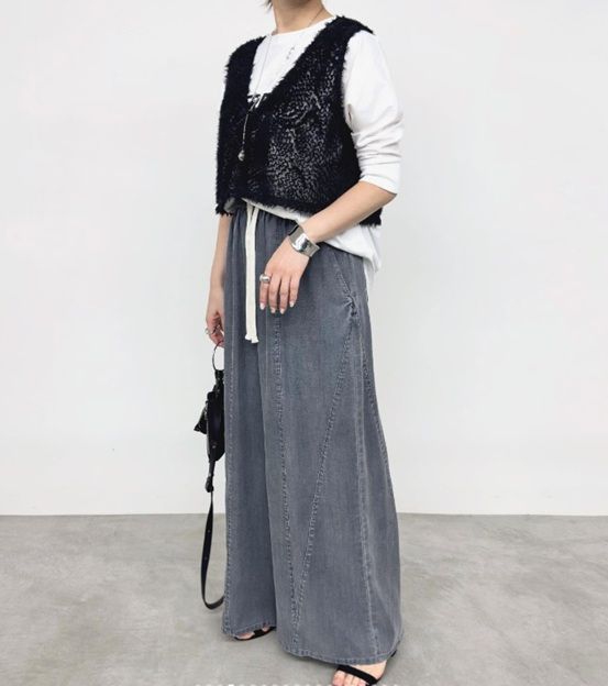 テンセルストレッチデニムワイドパンツ グレー