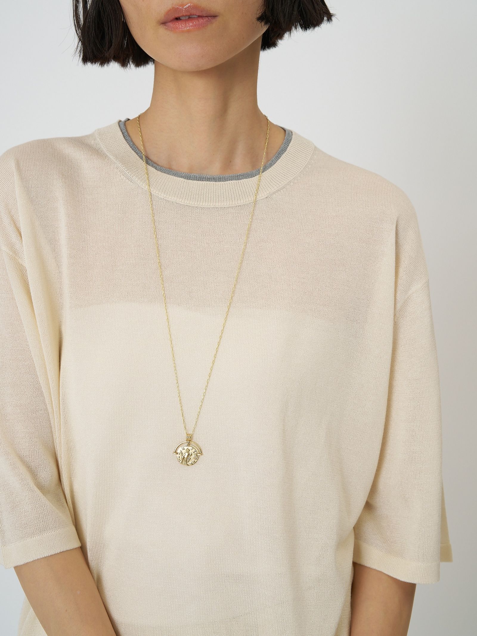 [9261-087GS] 衿配色ハーフスリーブニット ベージュ