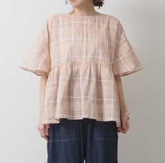 シャドウチェックフレアスリーブシャツ コーラルピンク