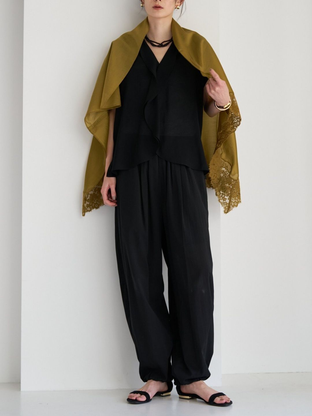 [0563-686NH] レースマルチWAYスカーフ ライトカーキ