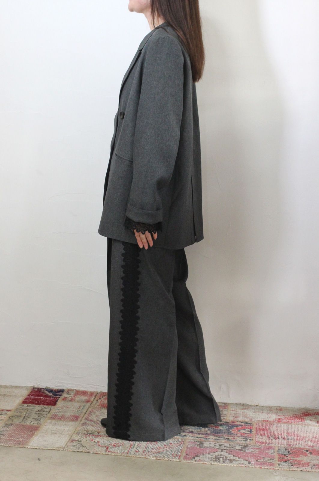 ストレッチ 杢ポリエステル袖レースダブルジャケット ミックスグレー