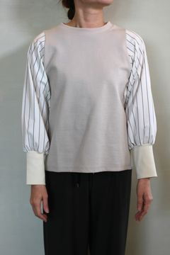 ストレッチポンチx袖ストライプカットソー ベージュ