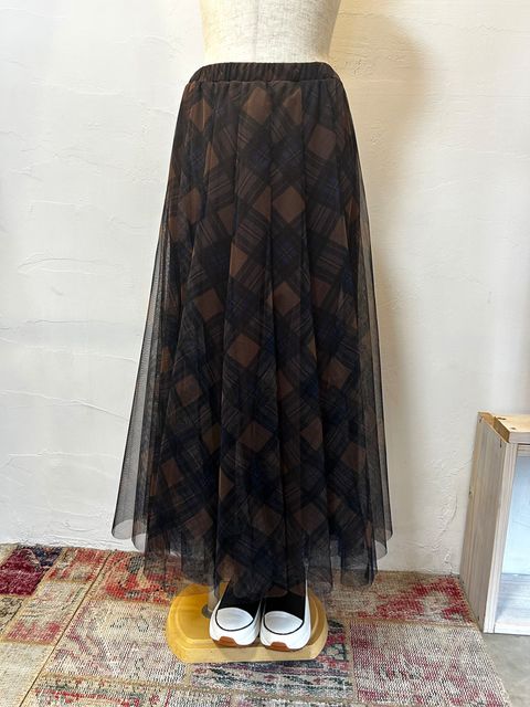 バイアスチェックチュールスカート ブラウン
