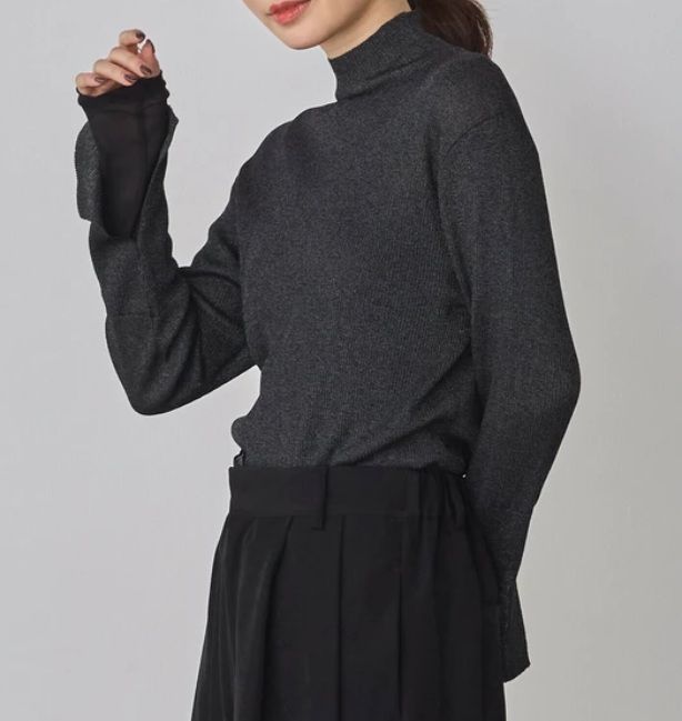 ラメ袖レイヤードリブタートルニット ブラック