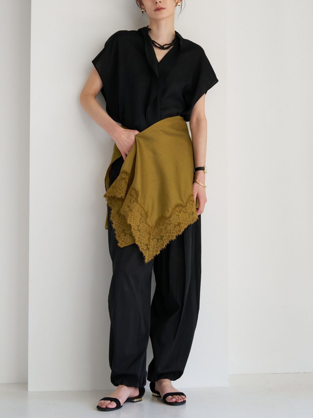 [0563-686NH] レースマルチWAYスカーフ ライトカーキ