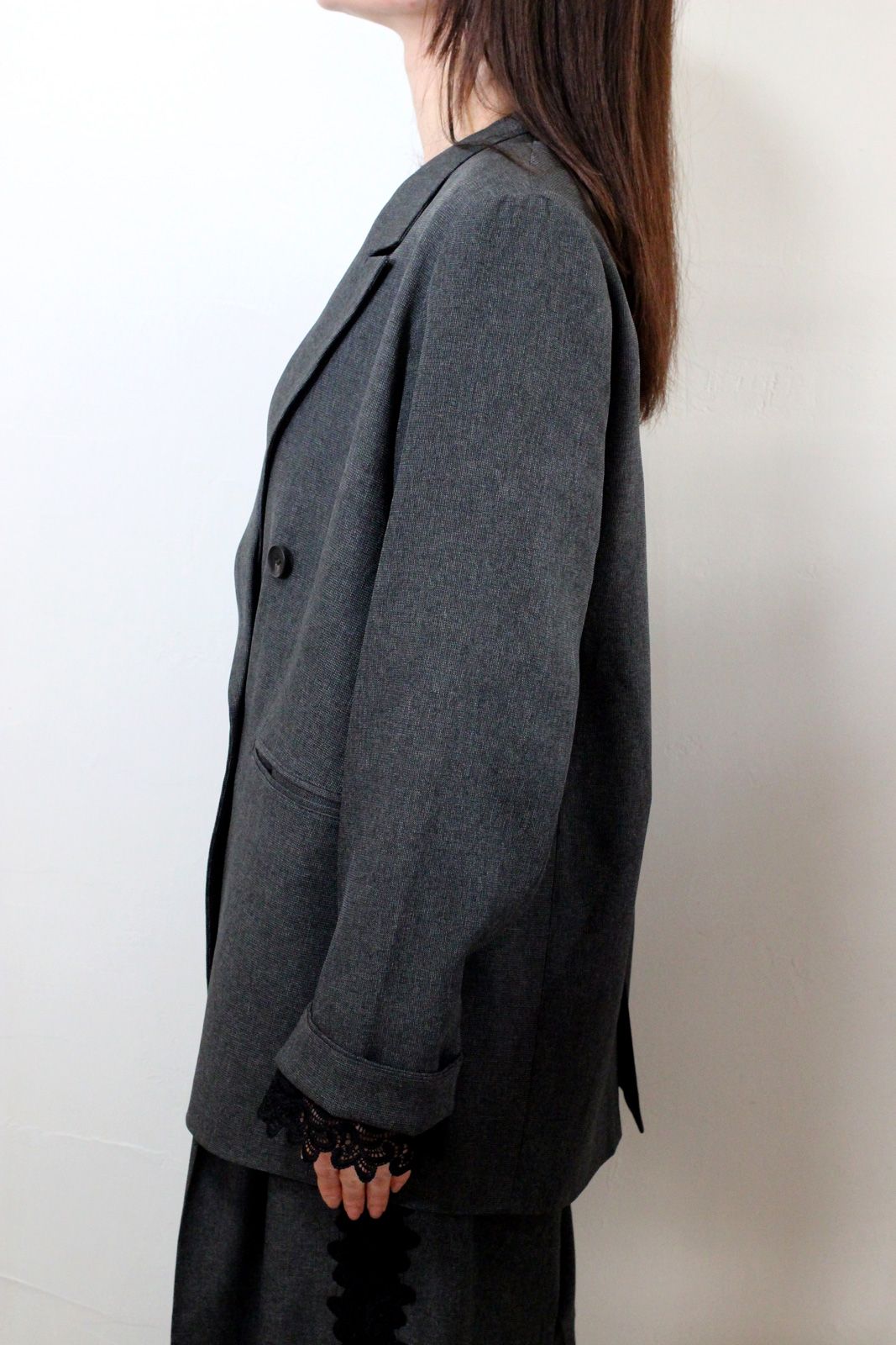 ストレッチ 杢ポリエステル袖レースダブルジャケット ミックスグレー