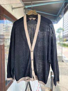サフランリネンバイカラーリブニットカーディガン チャコールxシェードーベージュ