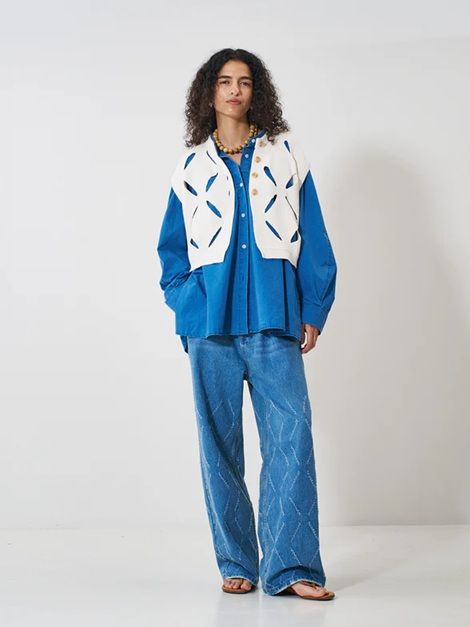 LASER CUT WIDE DENIM ブルー