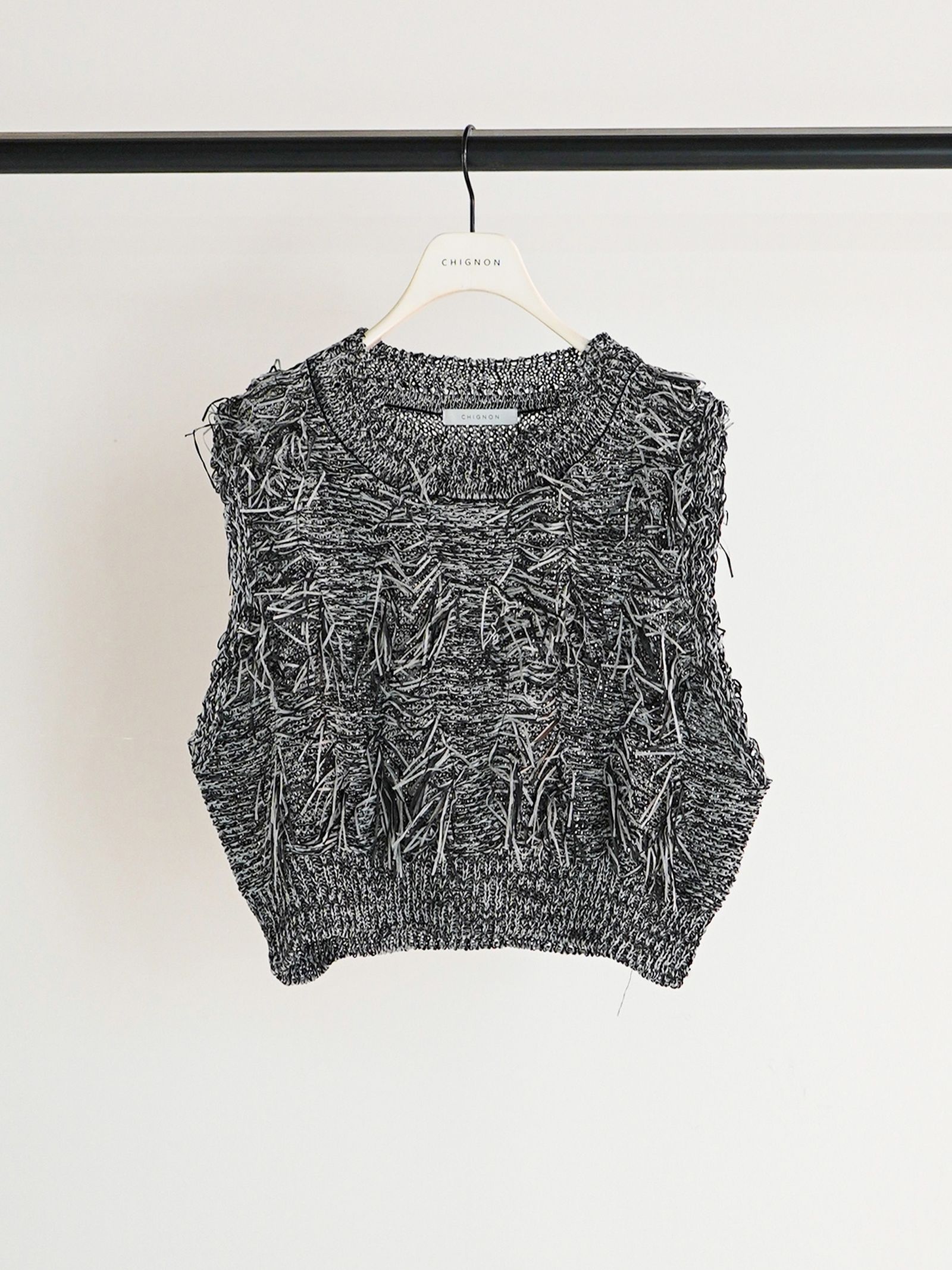 [9261-091GS] カットJQフリンジニットベスト ブラック