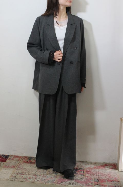 ストレッチ 杢ポリエステル袖レースダブルジャケット ミックスグレー