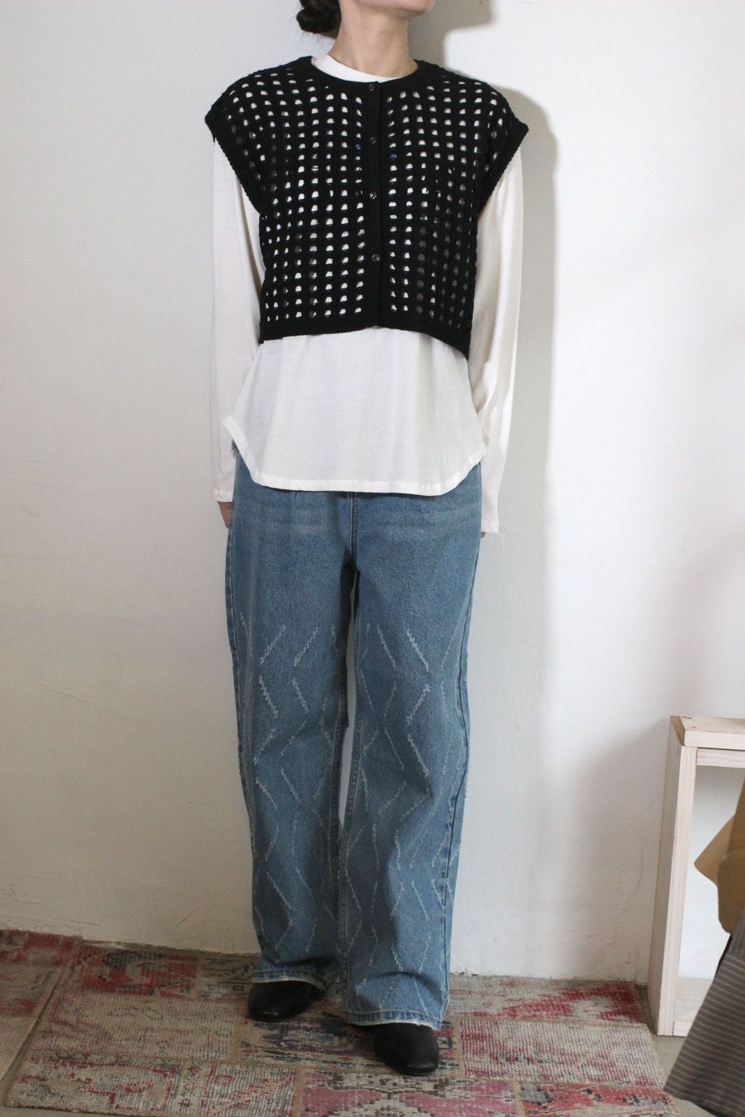 [9561-098DP] メッシュボックスニットベスト ブラック