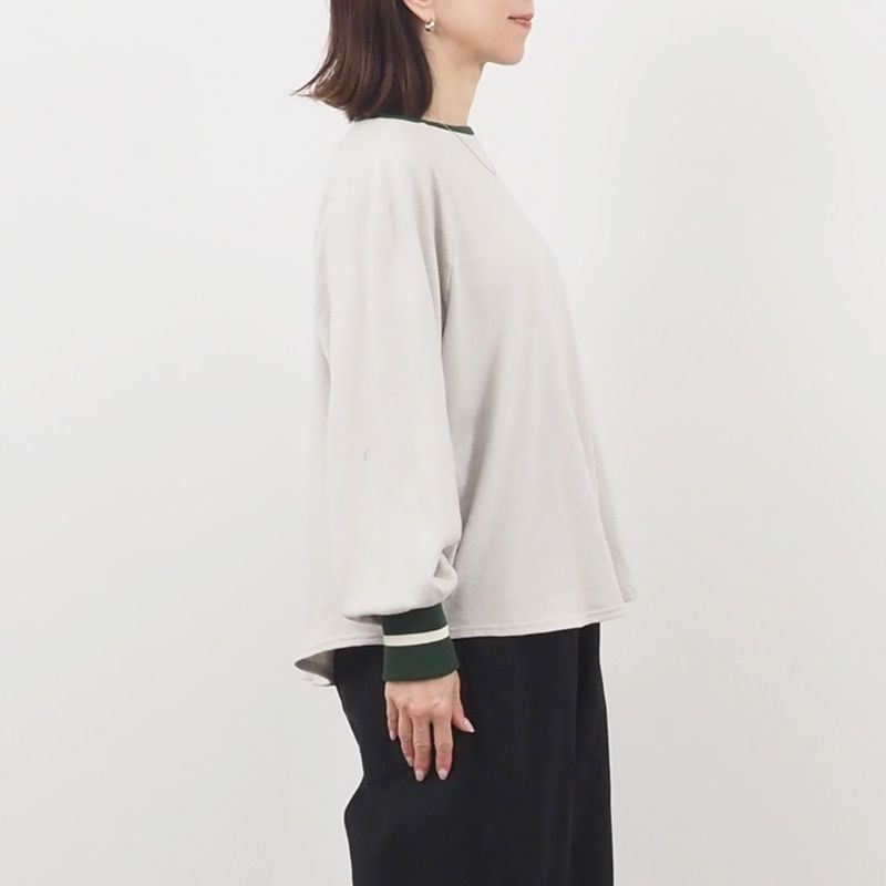 ガーゼ裏毛 バイカラーリブハウストレーナー ベージュxグリーンxアイボリー