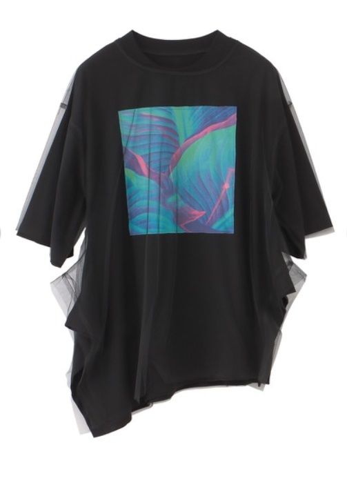 2WAYリーフフォトプリントレイヤードTシャツ ブラック
