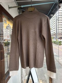 ラメ袖レイヤードリブタートルニット カーキグレー
