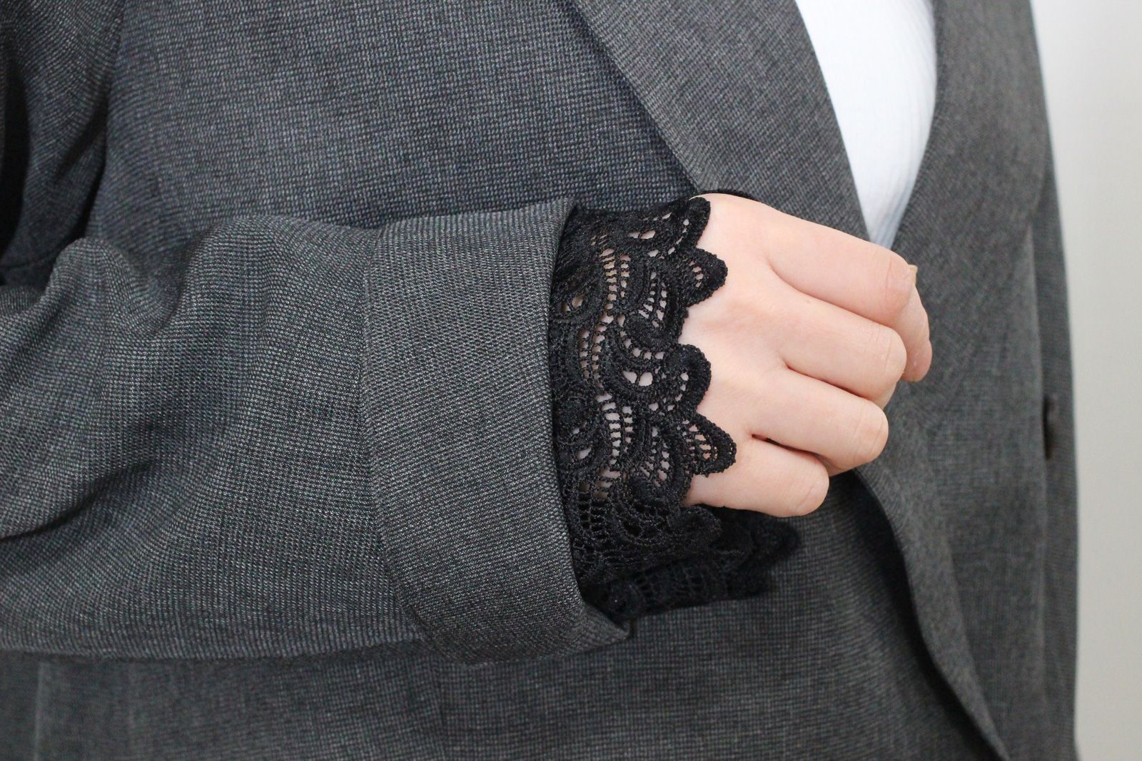 ストレッチ 杢ポリエステル袖レースダブルジャケット ミックスグレー