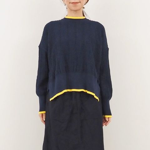 ワイドリブバイカラーコモドニット ネイビーxイエロー