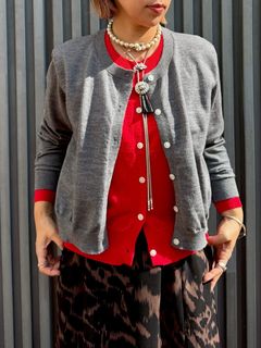 バイカラーレイヤードニットカーディガン グレー