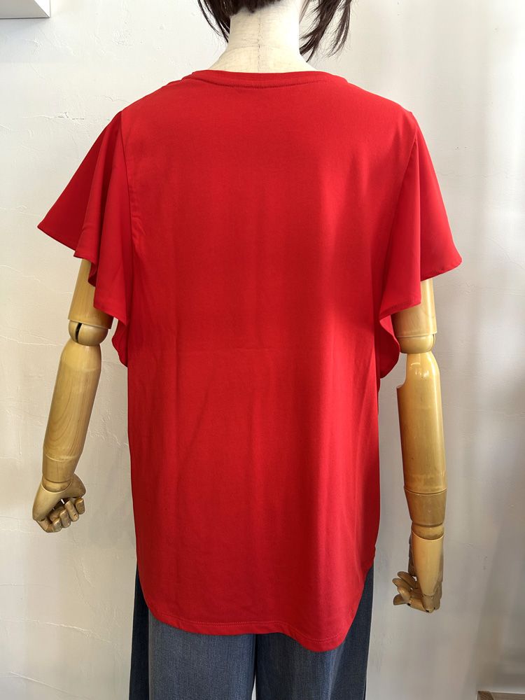 フリルスリーブロゴTシャツ レッド