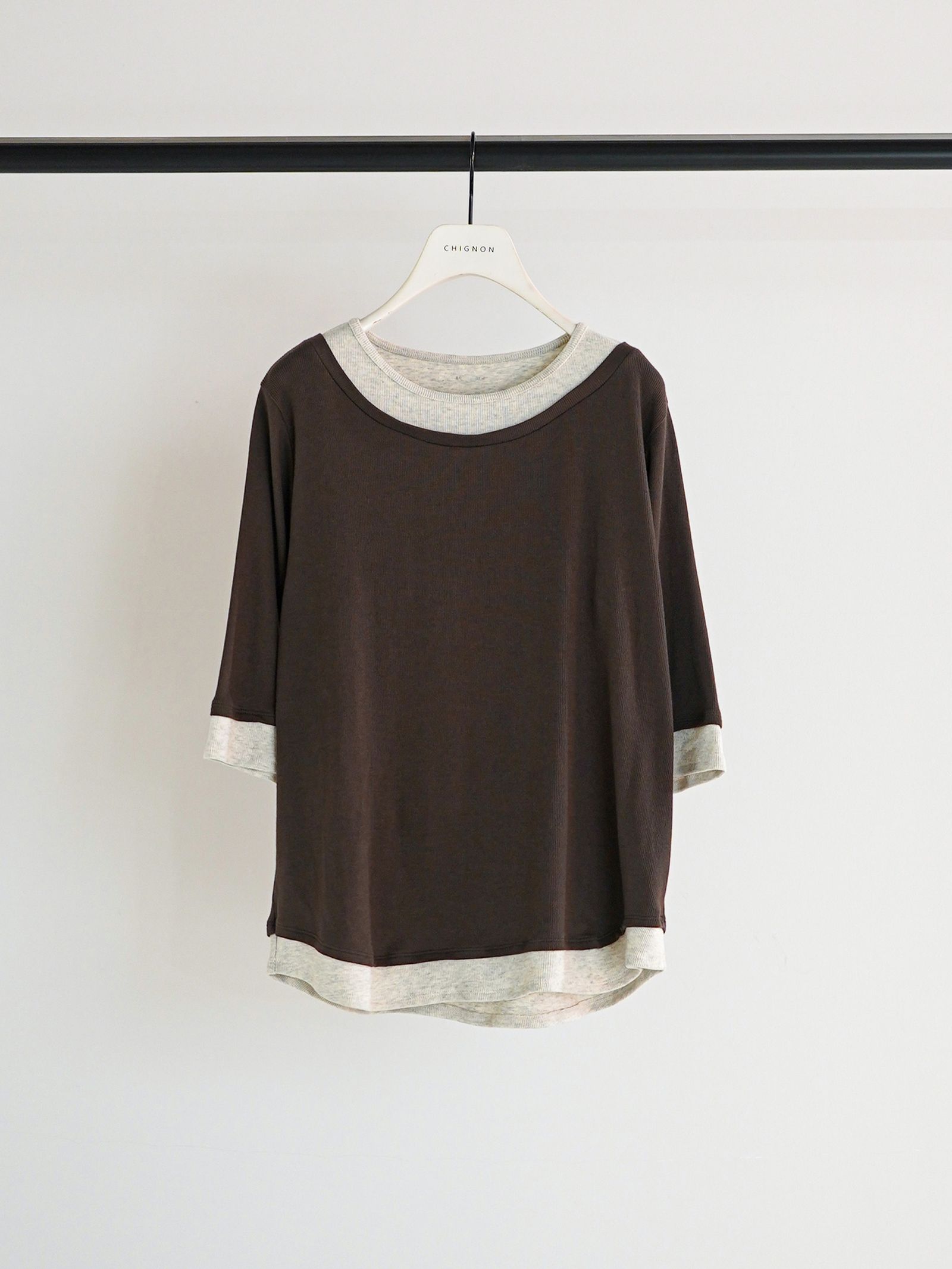 [8261-108KK] 配色テレコハーフスリーブPO ブラウン