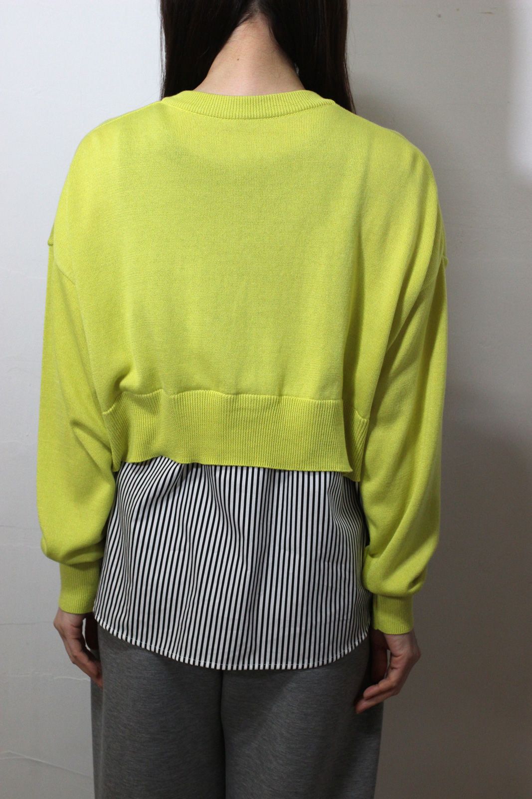 綿レーヨンシルク コンビネーションカーディガン イエローグリーンxブラックストライプ