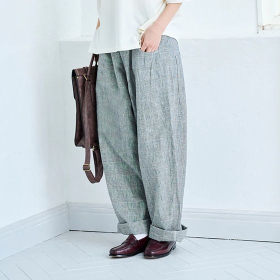 綿麻チェックノッポパンツ オフxブラック