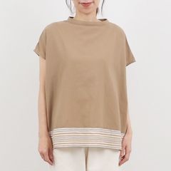 ふんわりローン ドビーマルチボーダー 切替 ワイドブラウス ベージュ