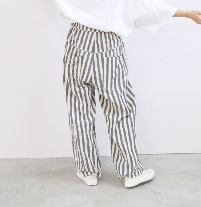 先染綿麻シーチングストライプノッポパンツ ブラックアイボリー