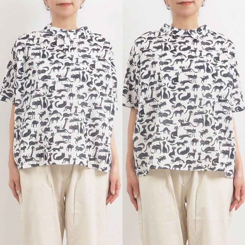 猫プリントスリーブレスブラウス オフxブラック