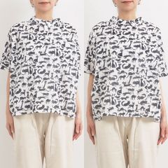 猫プリントスリーブレスブラウス オフxブラック
