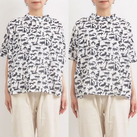 猫プリントスリーブレスブラウス オフxブラック