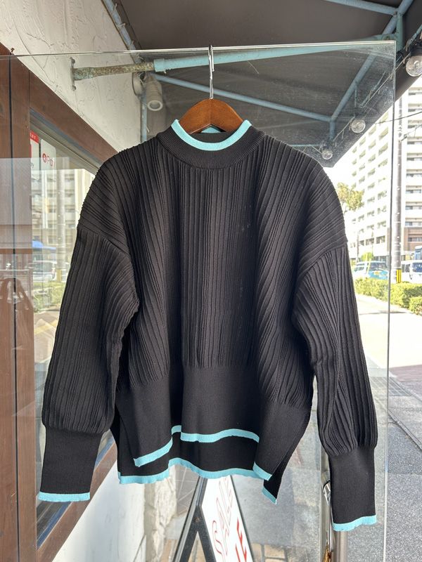 ワイドリブバイカラーコモドニット ブラックxミント