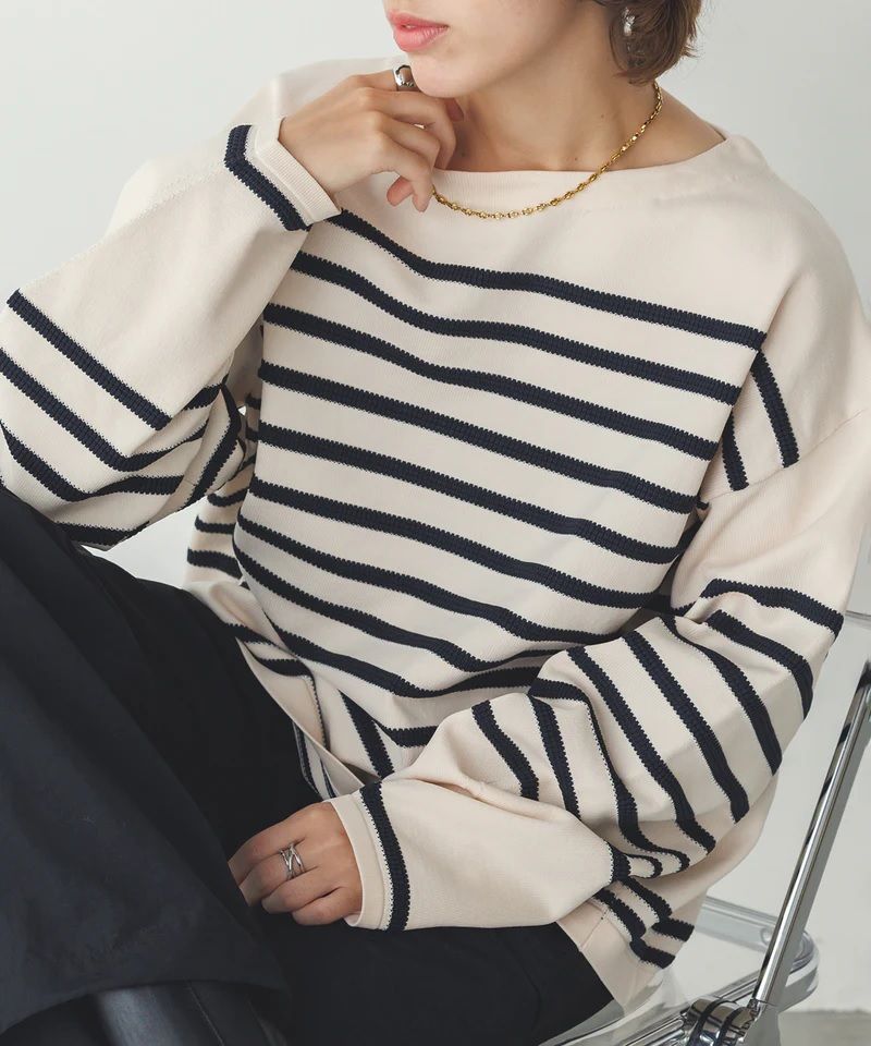 スポンディッシュ柄編みボーダーニット アイボリー