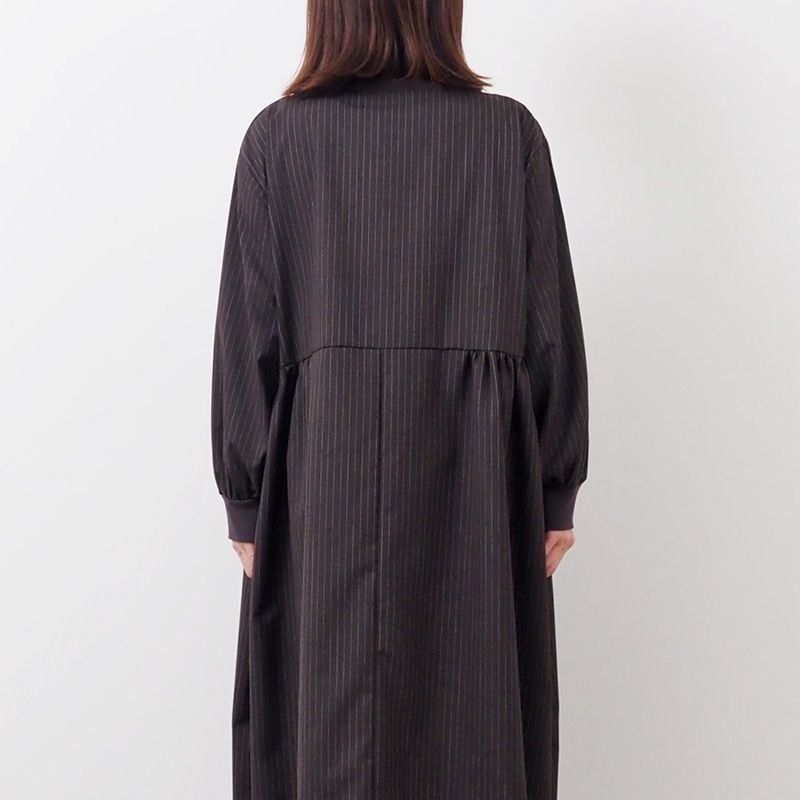 トロストライプ ロングスリーブ ベルワンピース ブラウン