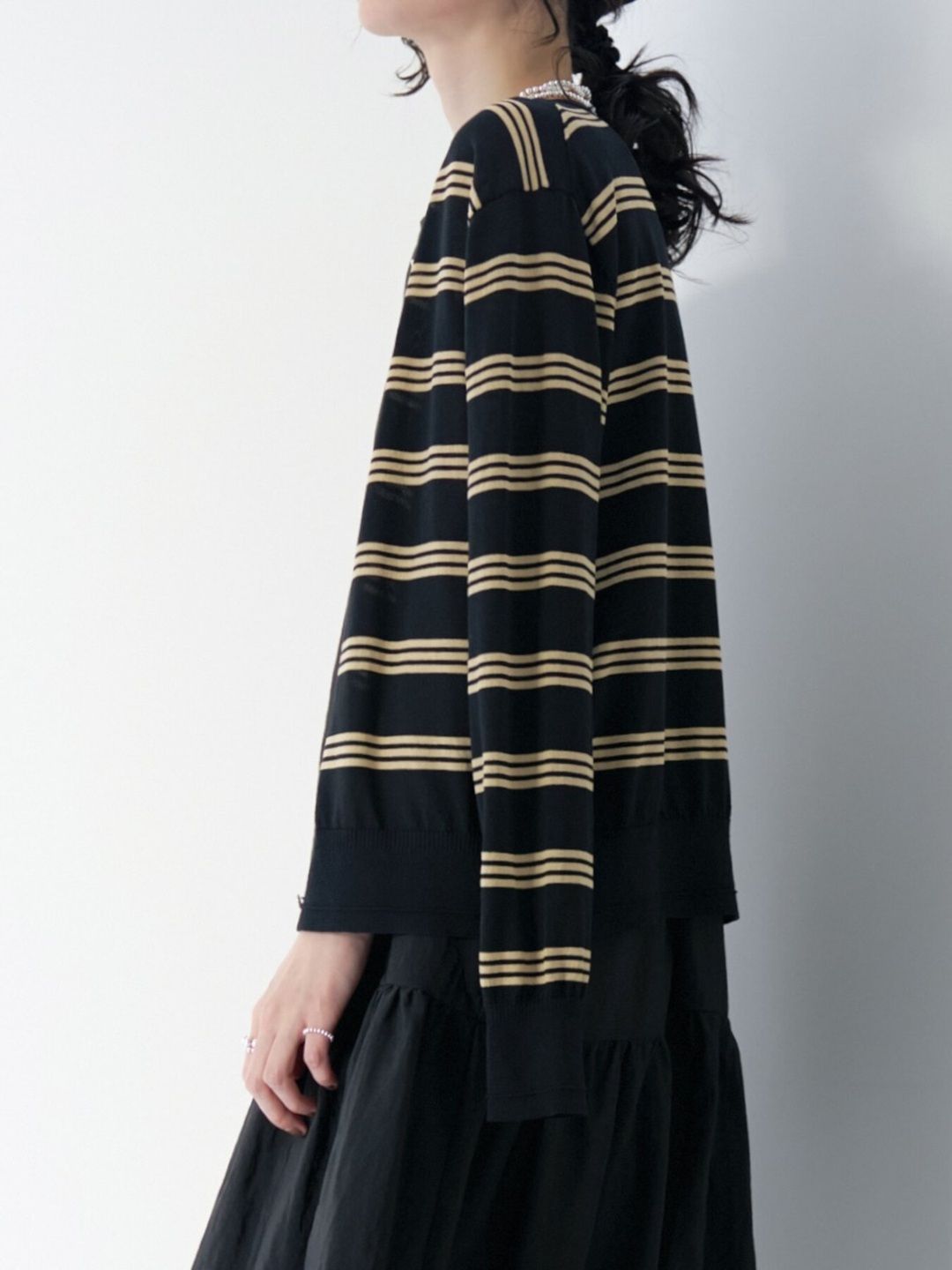 [9263-694GS] ミニマルクルーネックCDトップス ブラックミックス