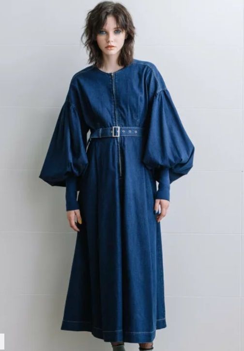 ボリュームスリーブデニムワンピース ブルー