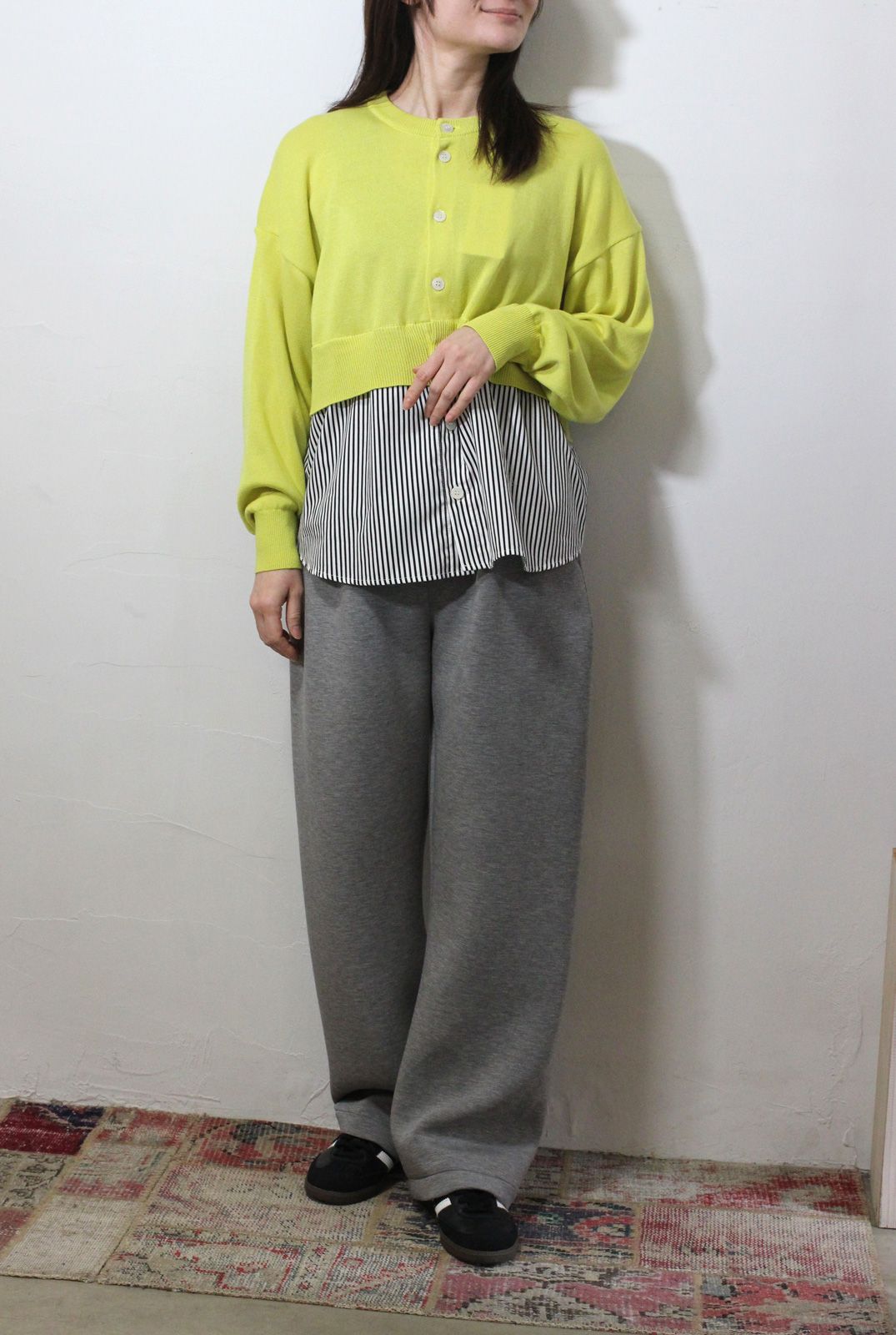 綿レーヨンシルク コンビネーションカーディガン イエローグリーンxブラックストライプ