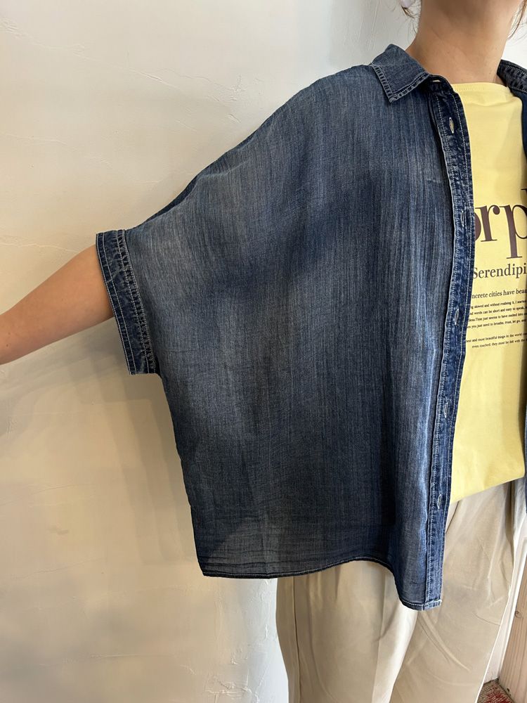 シアーデニムショートスリーブシャツ ライトインディゴブルー