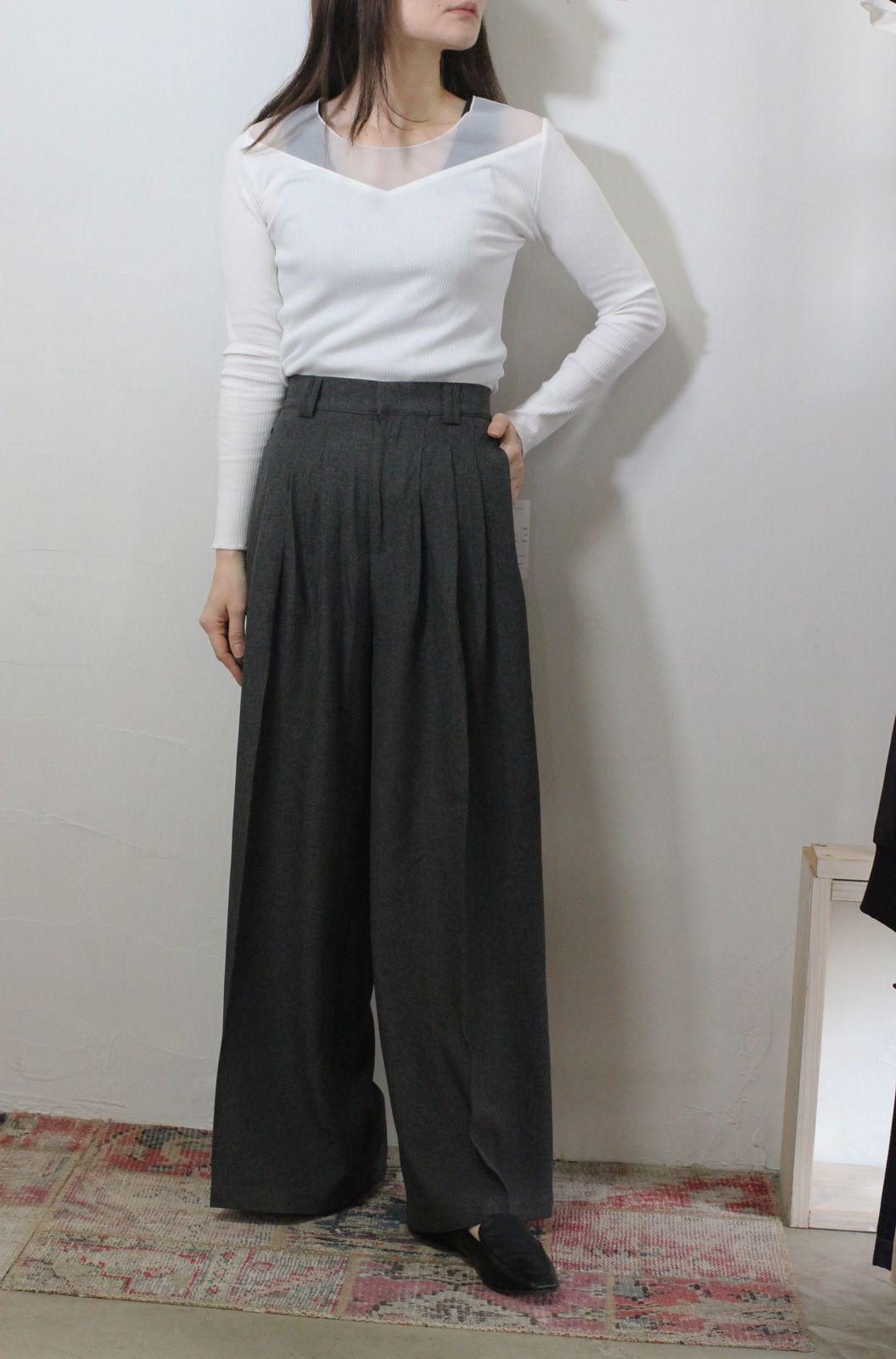 ストレッチ 杢ポリエステル サイドレースパンツ ミックスグレー