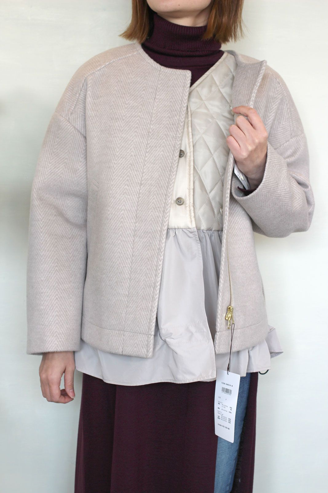 WOOLLETヘリンボン3WAY丸首ショートコート ライトベージュ