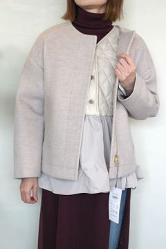 WOOLLETヘリンボン3WAY丸首ショートコート ライトベージュ