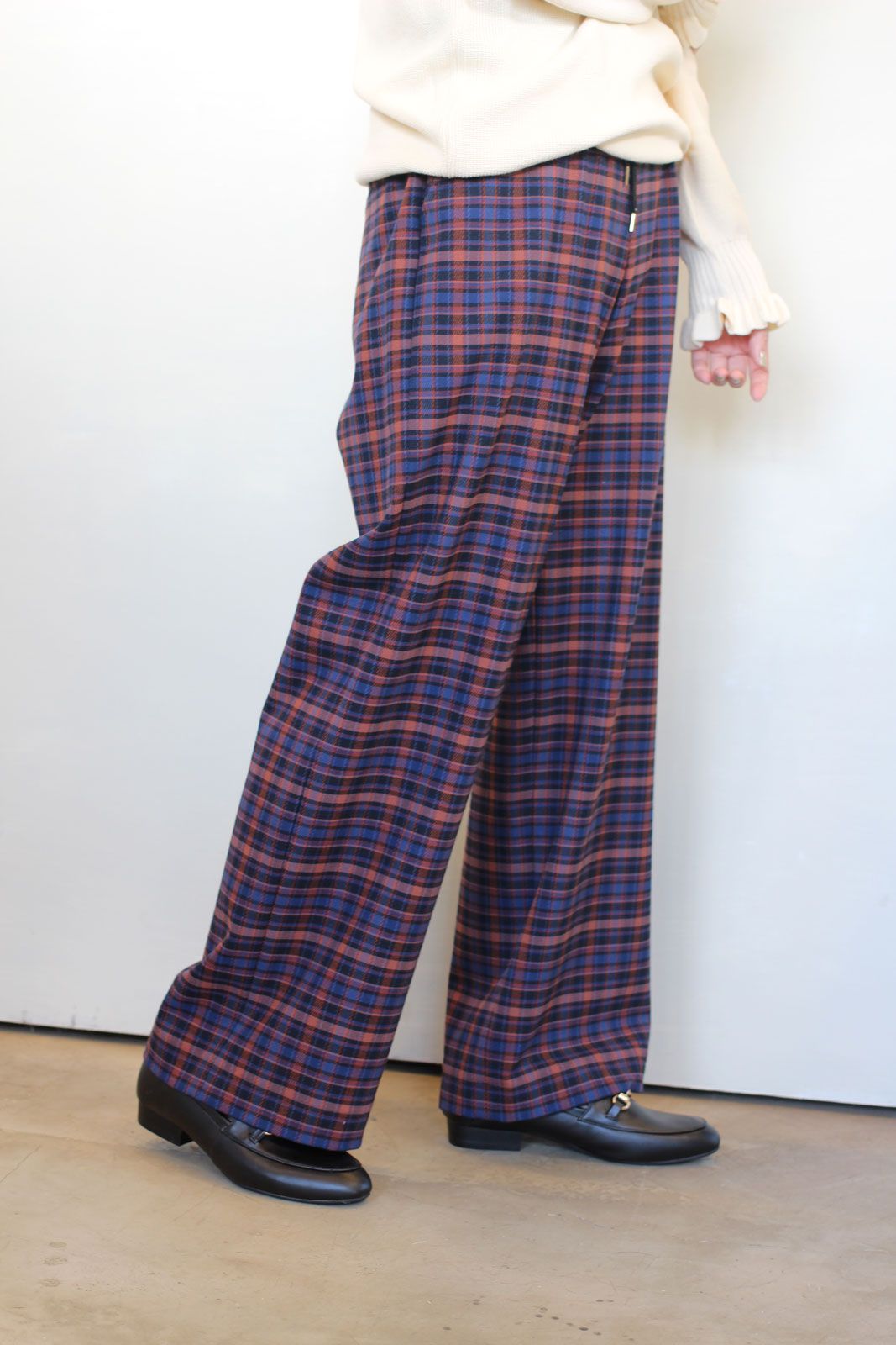 ソフトサーモチェック裏起毛ワイドパンツ ブルーチェック