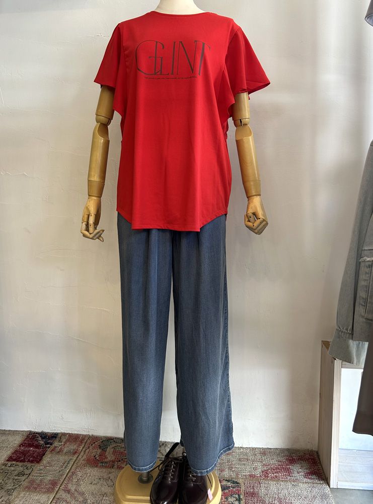 フリルスリーブロゴTシャツ レッド