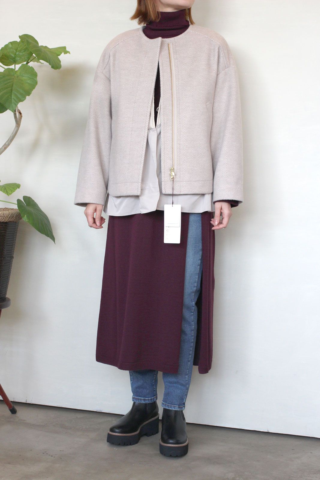 WOOLLETヘリンボン3WAY丸首ショートコート ライトベージュ